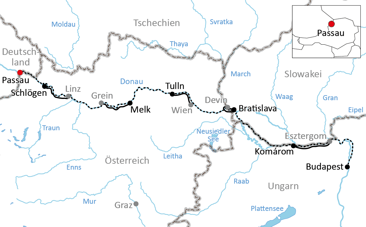 Map for the journey by bike & boat through Austria and Hungary