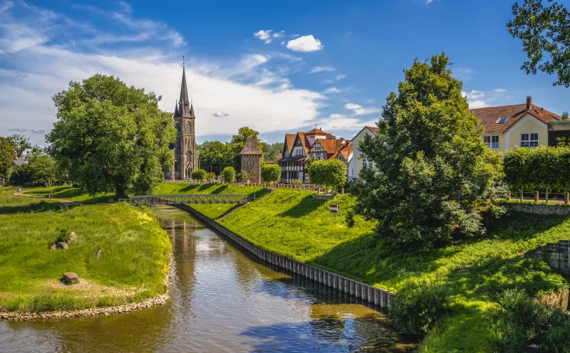 Rinteln, old harbor and St. Sturmius church