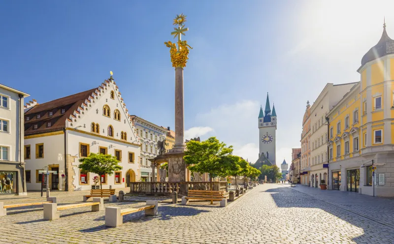 The Trinity Column and the town tower in Straubing