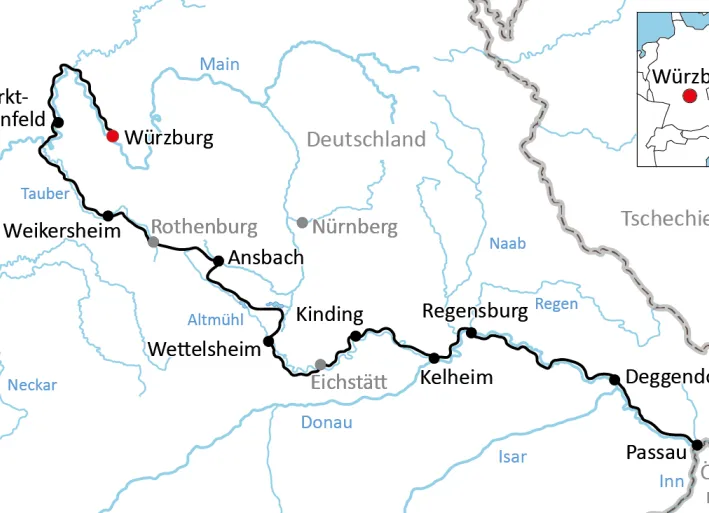 Map of Active bike tour from Würzburg to Passau