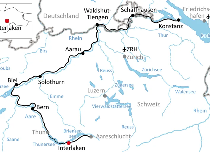 Map for the tour along the Aare Cycle Path