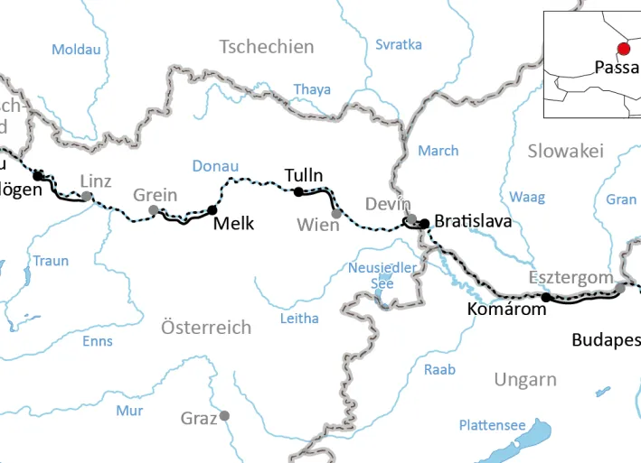 Map for the journey by bike & boat through Austria and Hungary