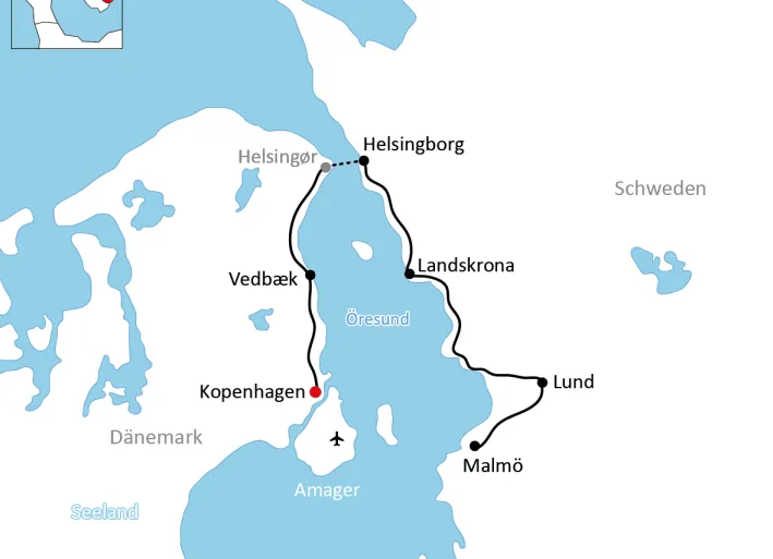 Map of bike tour along the Øresund