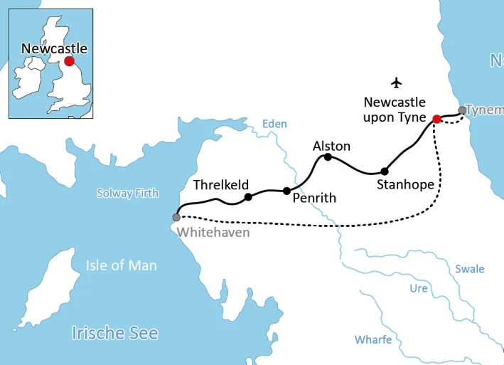 Map for a cycling vacation in England: Coast to Coast