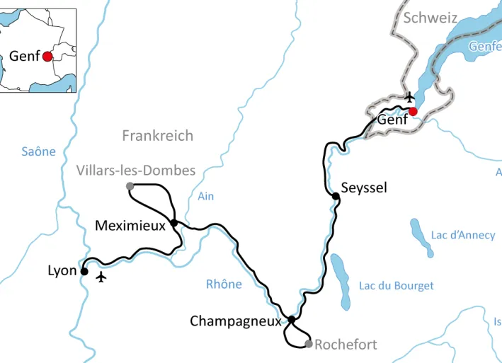 Map for the tour along the Rhône Cycle Path from Lake Geneva to Lyon