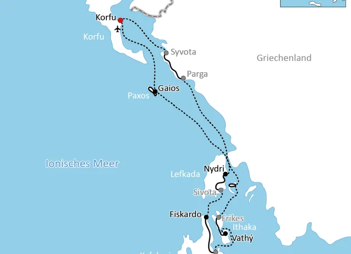 Map for the trip by bike & boat on Corfu and the Ionian Islands