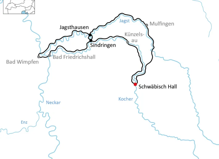 Map for the cycle tour along the Kocher and Jagst rivers