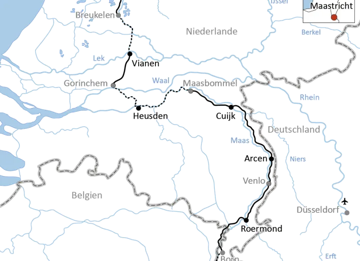 Map of the journey by bike and boat along the Meuse River