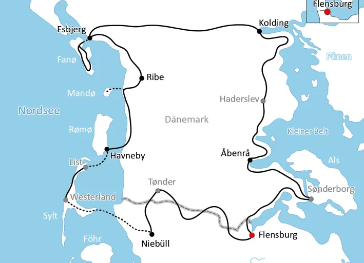 Map of bike tour in Southern Jutland