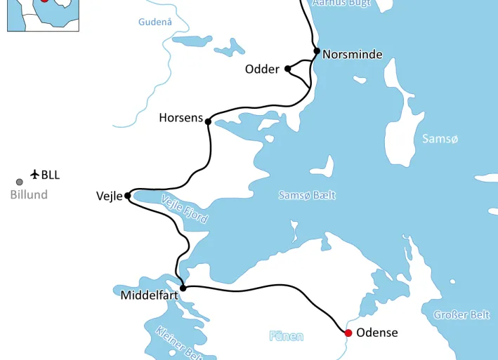 Map of bike tour from Odense to Aarhus