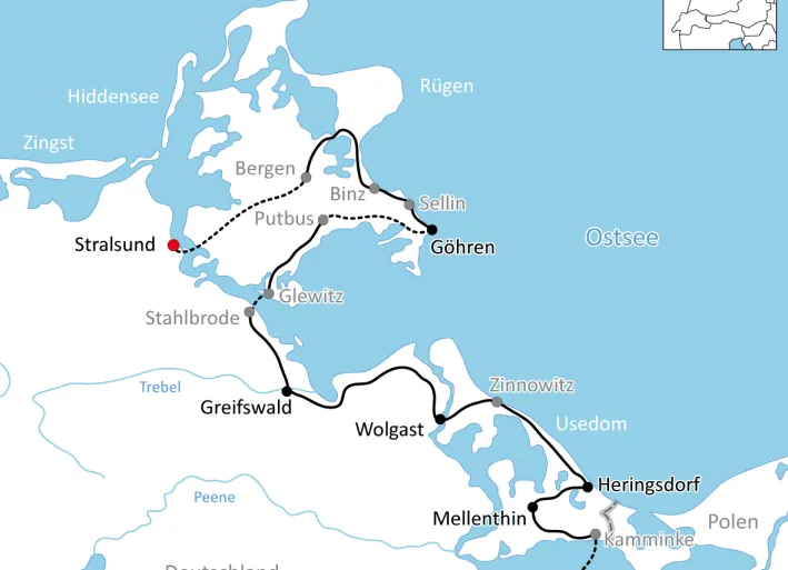 Map of bike tour on Rügen and Usedom