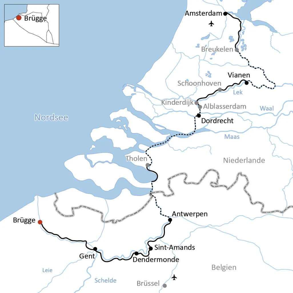 Map for the trip by bike & boat through Belgium and Holland