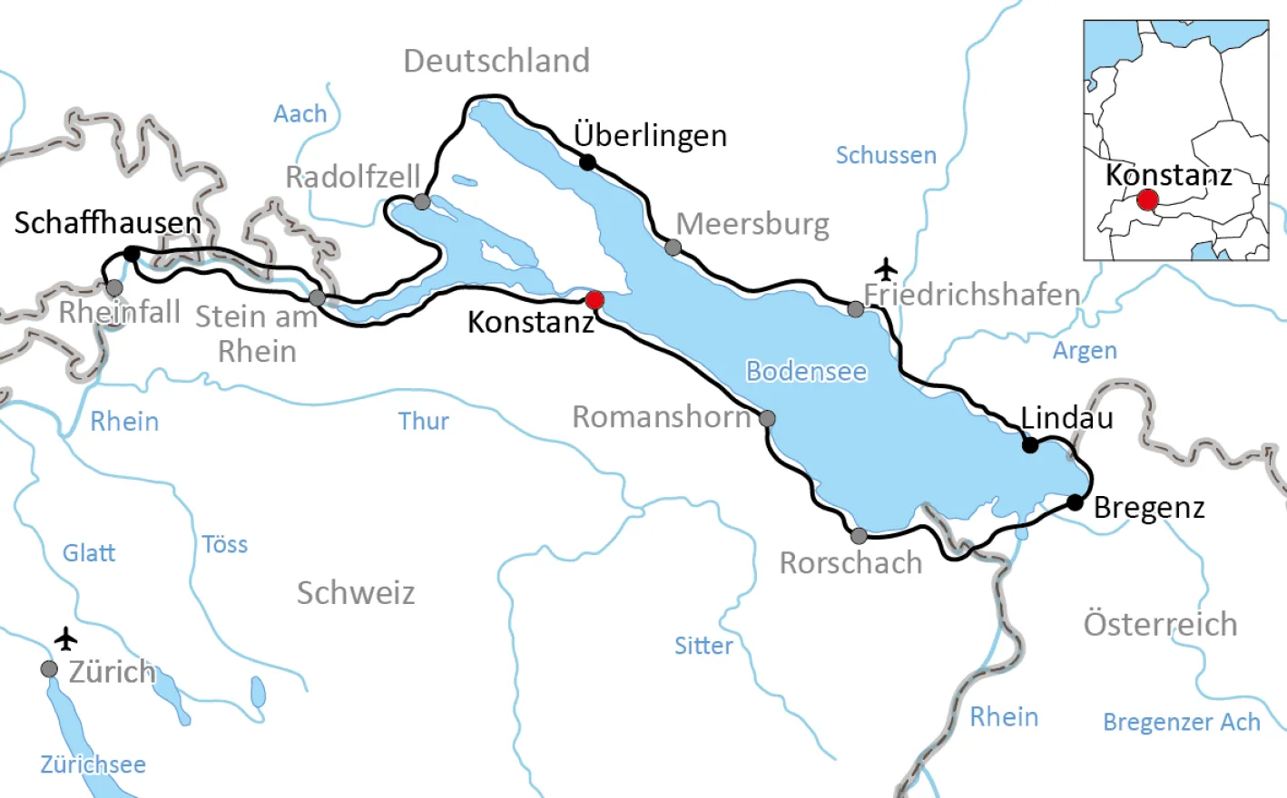 Map for sporty bike tour around Lake Constance