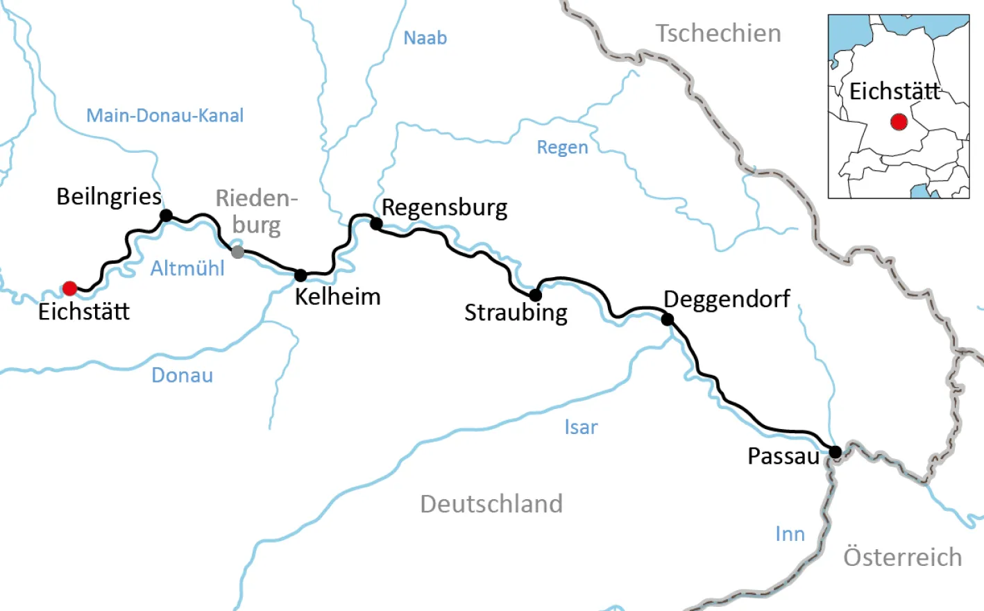 Map of the bike tour de Baroque from Eichstätt to Passau