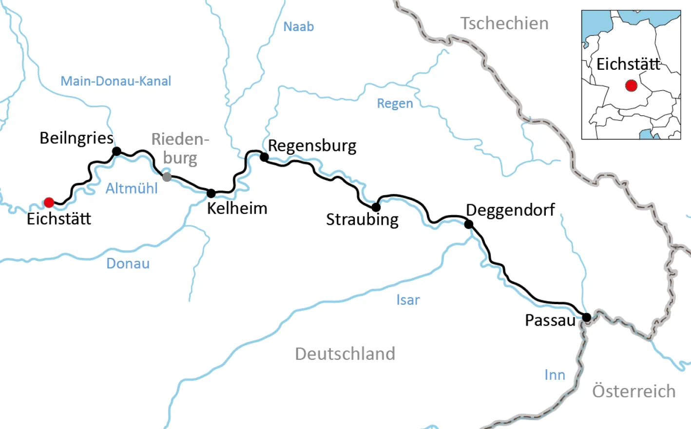 Map of the Baroque Cycle Tour from Eichstätt to Passau