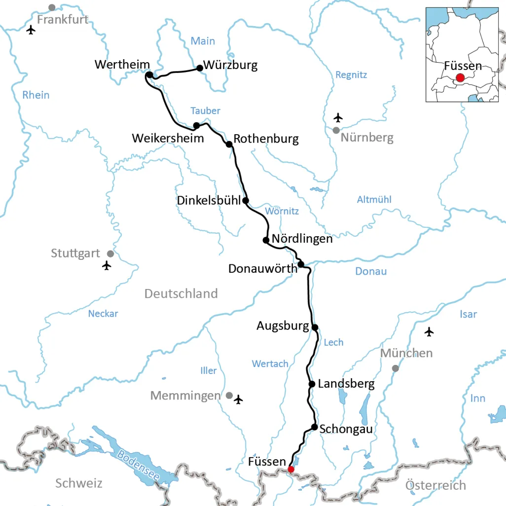 Map for the cycle tour on the Romantic Road