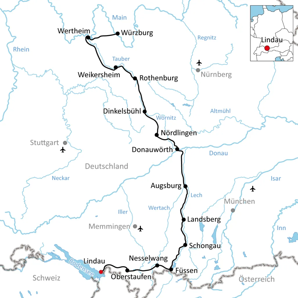 Map for cycling vacations on the Romantic Road