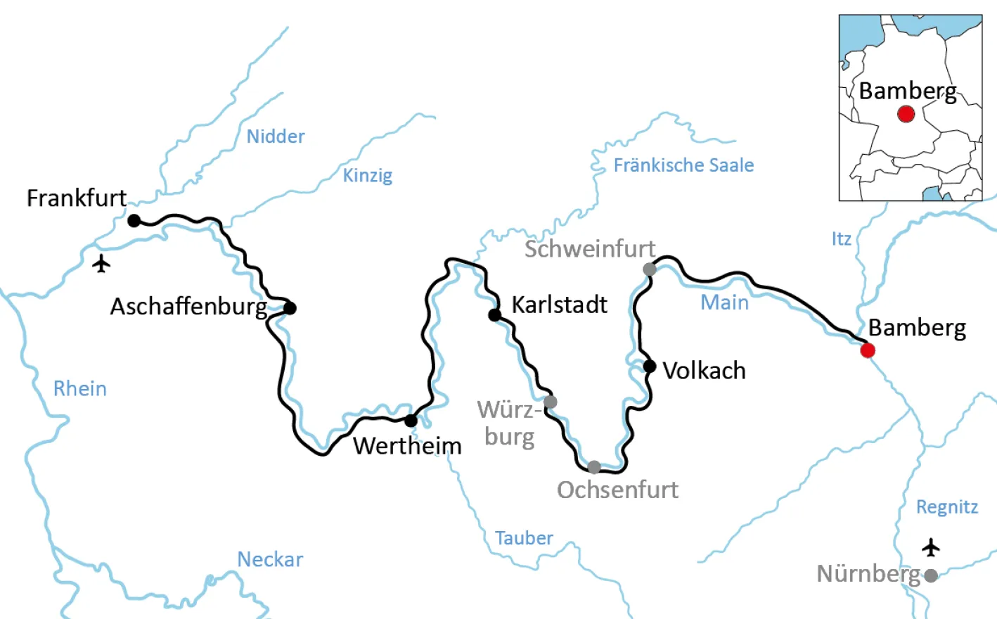 Map for the bike tour from Bamberg to Frankfurt