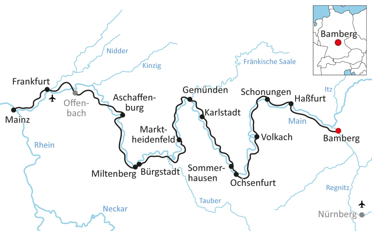 Map for the great cycling vacation on the Main