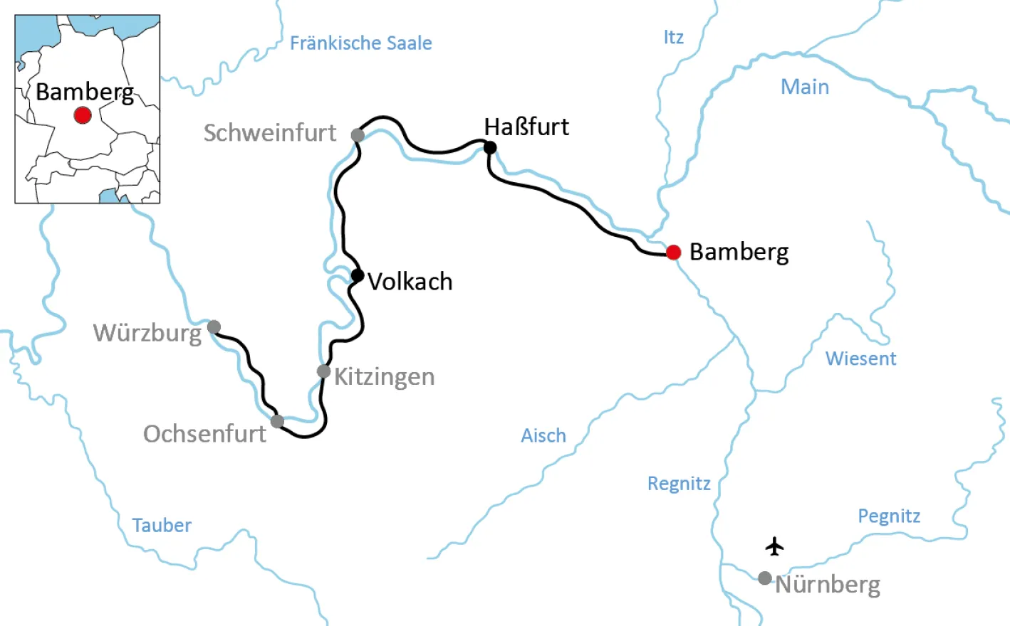 Map for Short Cycling Tour along the Main to Würzburg