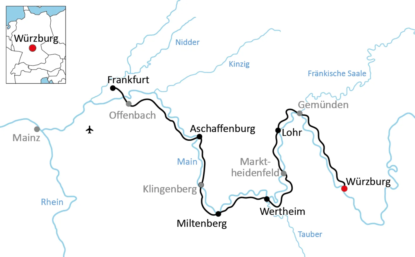 Map for Bike Tour along the Main from Würzburg to Frankfurt