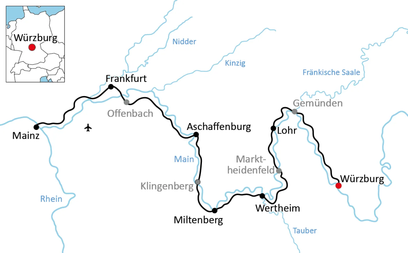 Map for Bike Trip along the Main from Würzburg to Mainz