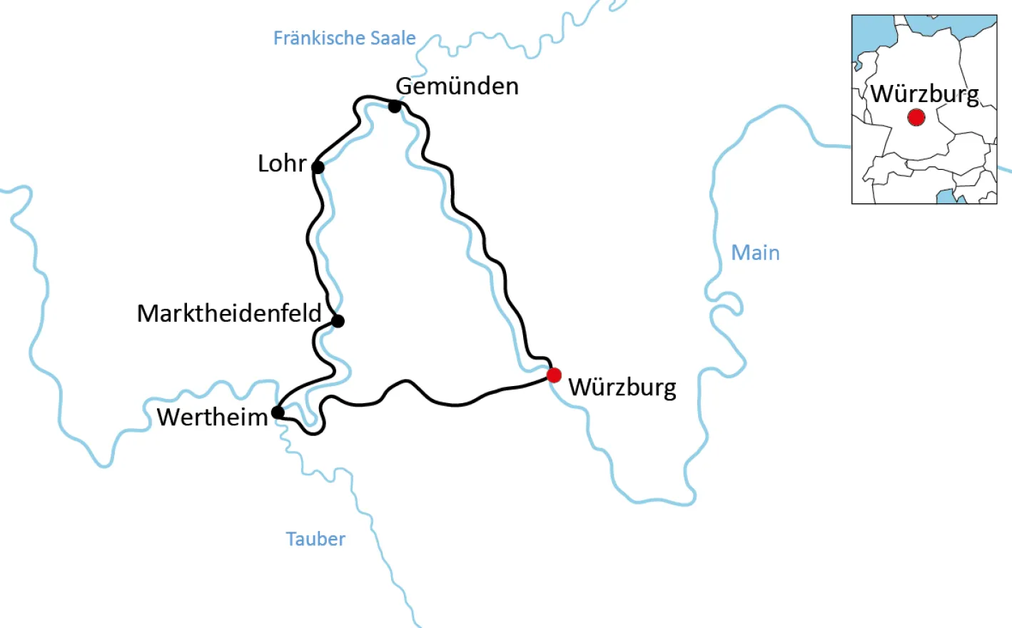 Map for the short bike tour along the Spessart and Main rivers