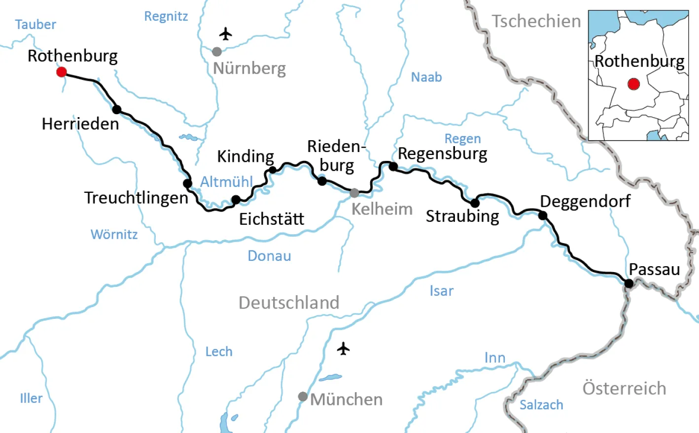Map for a cycling holiday along Altmühl and Danube