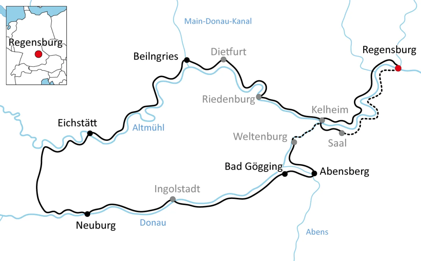 Map of the Cycle Tour along Danube and Altmühl