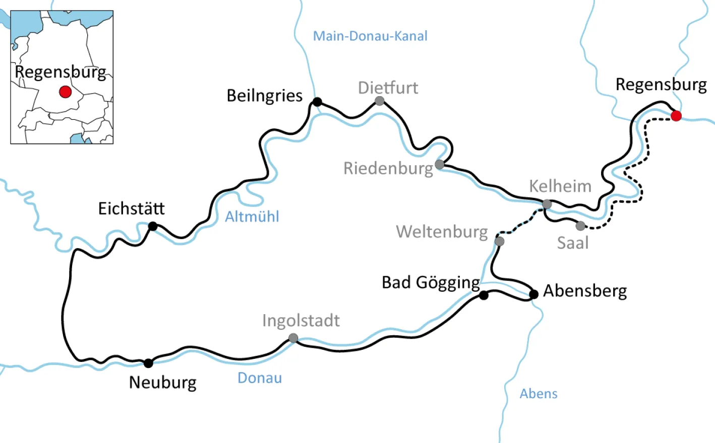 Map of Cycle Tour along Danube and Altmühl