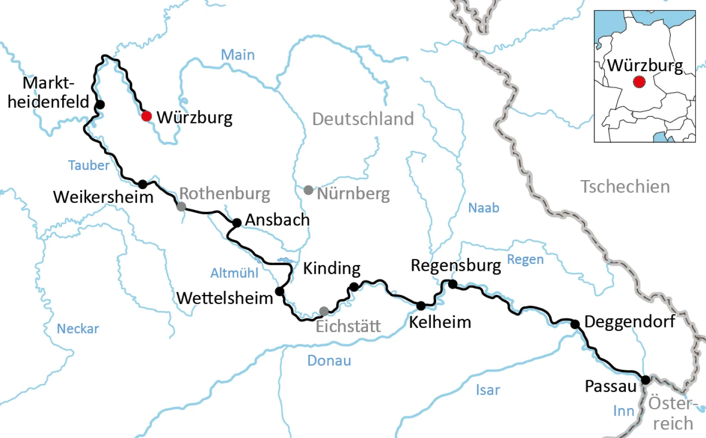 Map for the active bike tour from Würzburg to Passau