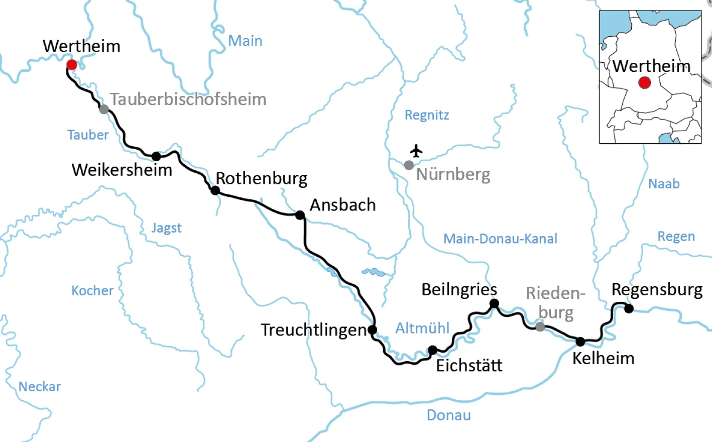 Map of the Tauber and Altmühl Cycle Route