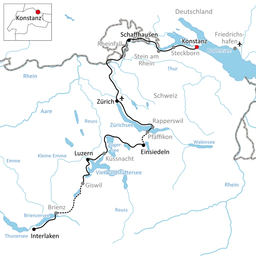 Map for the cycle tour from Constance to Interlaken