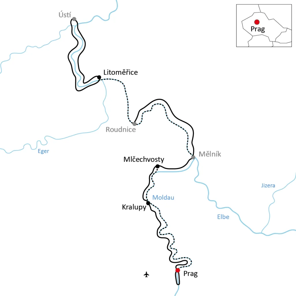 Map of the journey by bike and boat on the Elbe and Vltava rivers