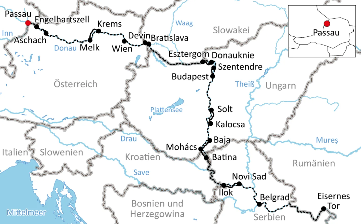 Map for By bike and boat from Passau to Belgrade
