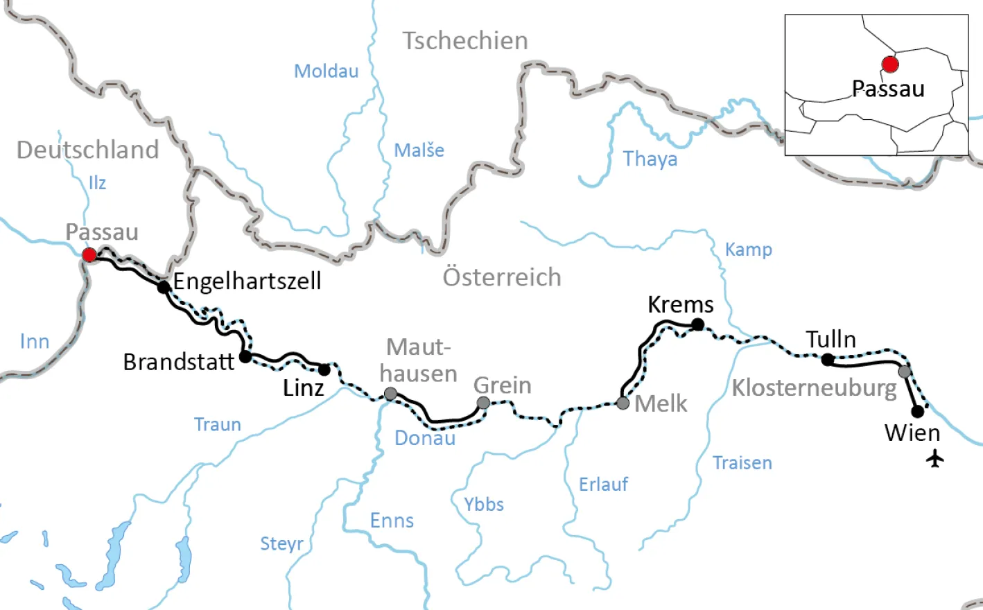 Map to bike and boat on the Austrian Danube