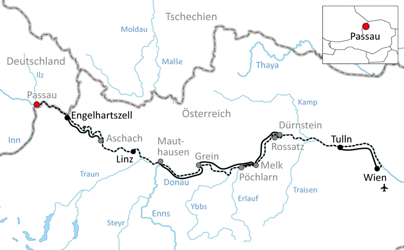 Map to bike and ship from Passau to Vienna