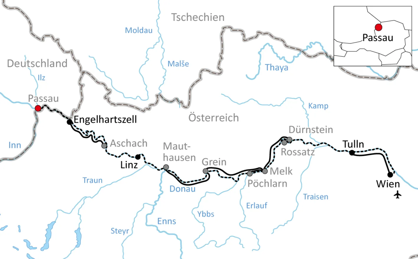 Map by bike and boat from Passau to Vienna