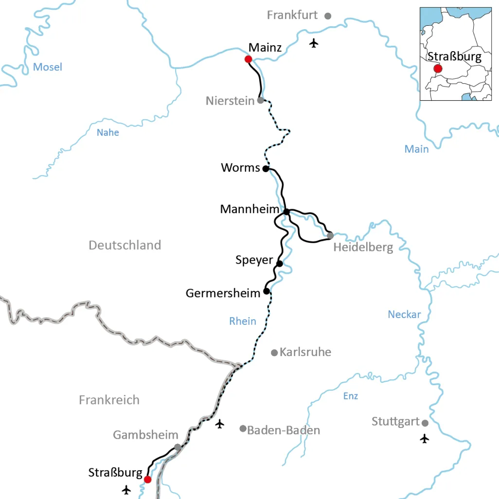 Map of the journey by bike and boat from Strasbourg to Mainz