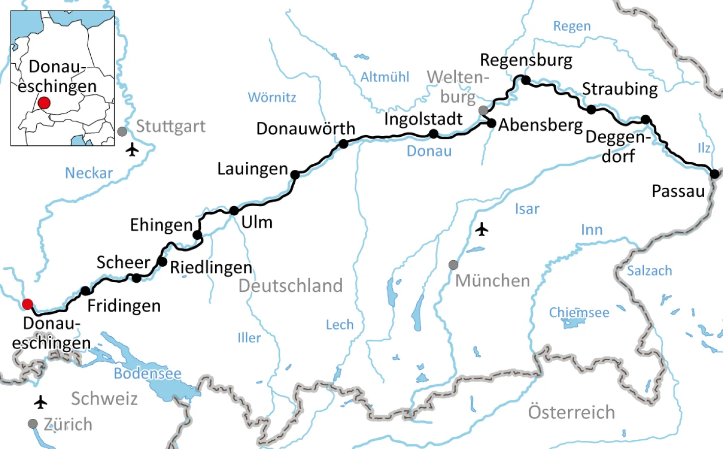Map to Cycling Holidays on the German Danube