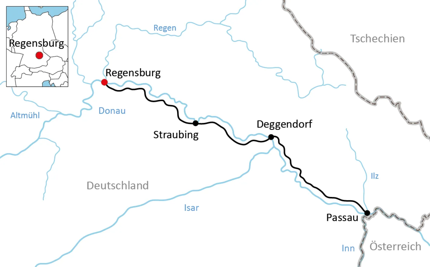 Map for the bike tour from Regensburg to Passau