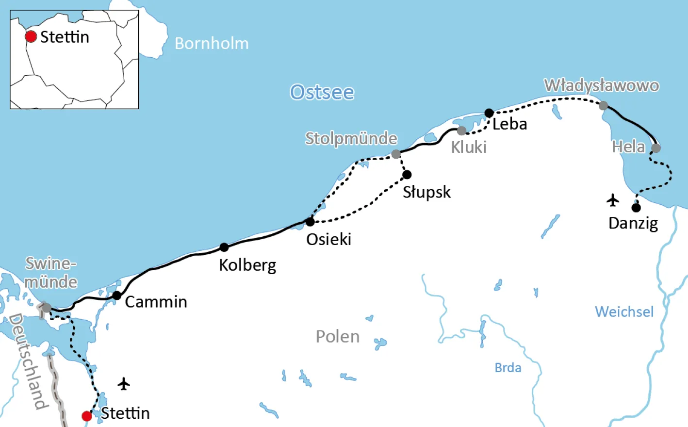 Map for the Baltic Sea cycle tour in Poland