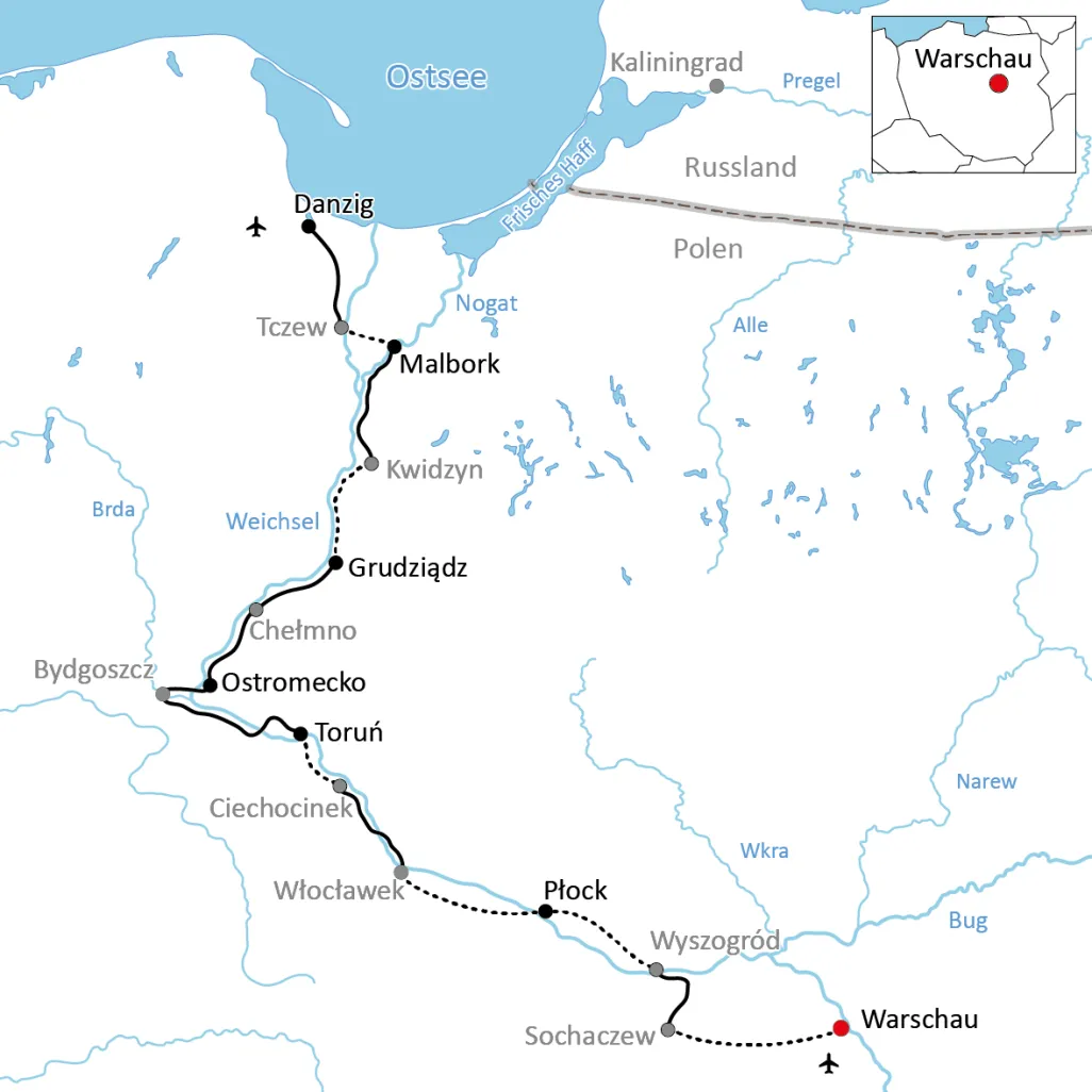 Map for the cycle tour along the Vistula