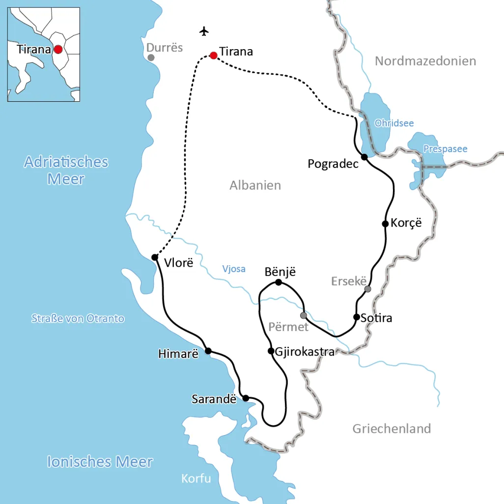 Map of the cycle tour in Albania
