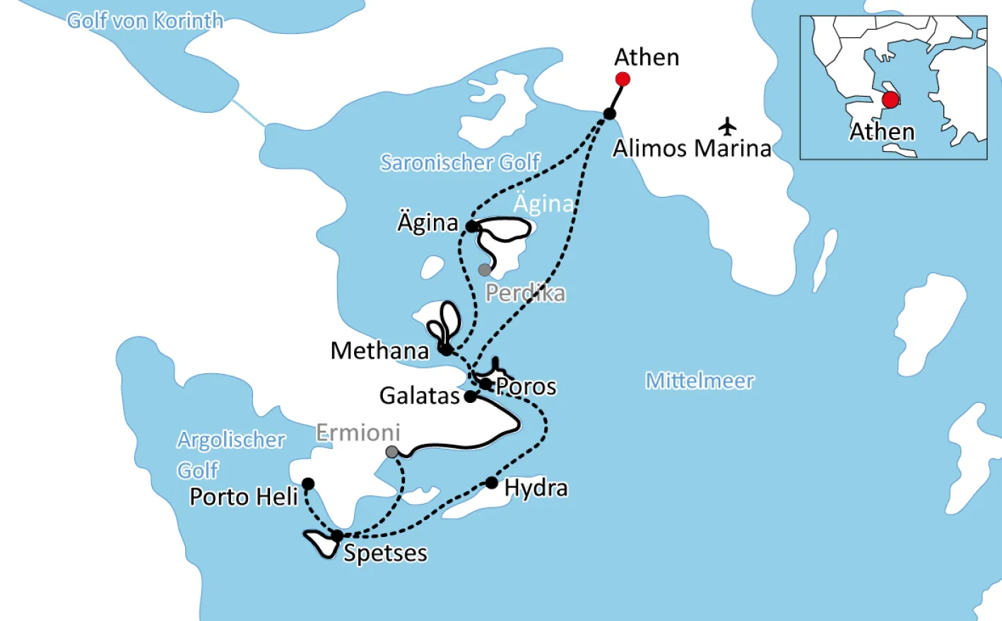 Map for bike and boat: Peloponnese and Saronic Islands