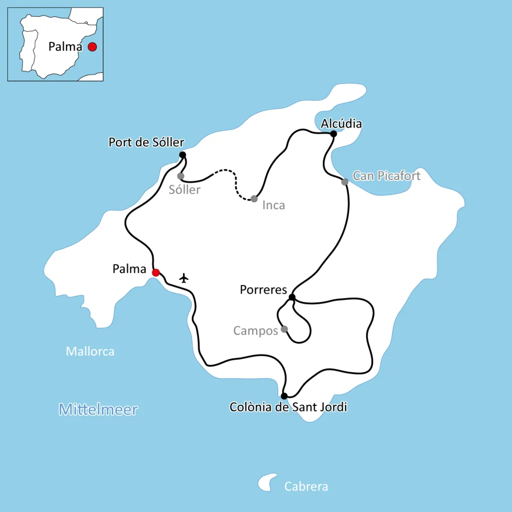 Map for the Cycling Holiday on Majorca