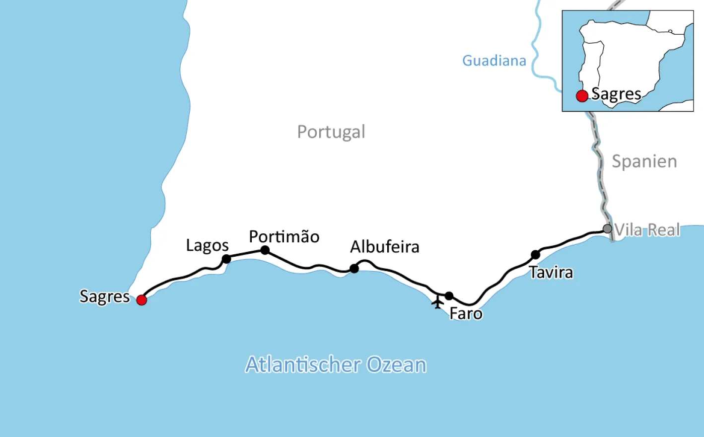 Map of the cycle tour in the Algarve