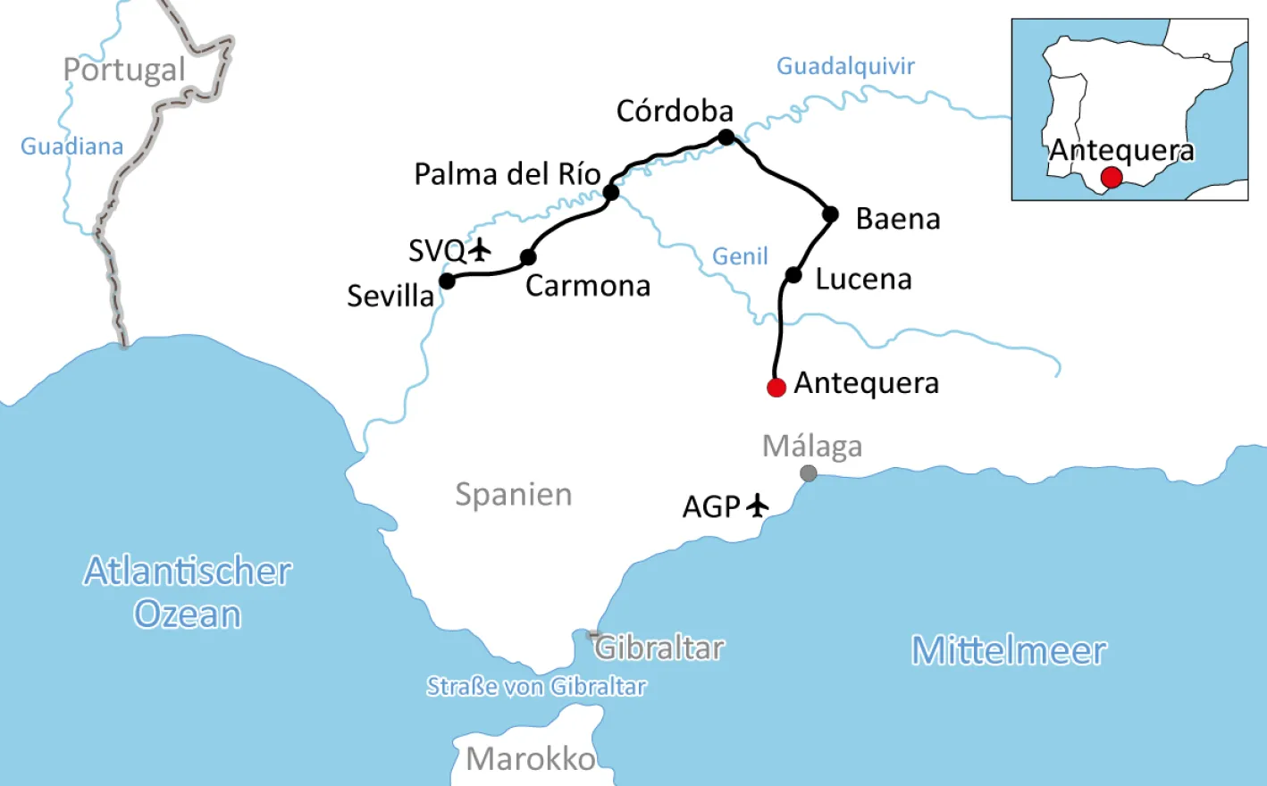 Map for the biking holiday in Andalusia