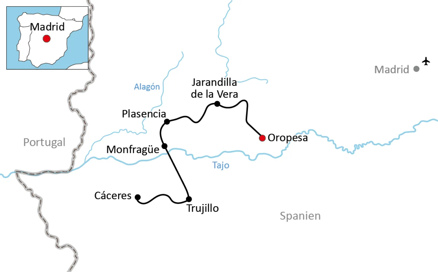 Map of the bike tour in Extremadura