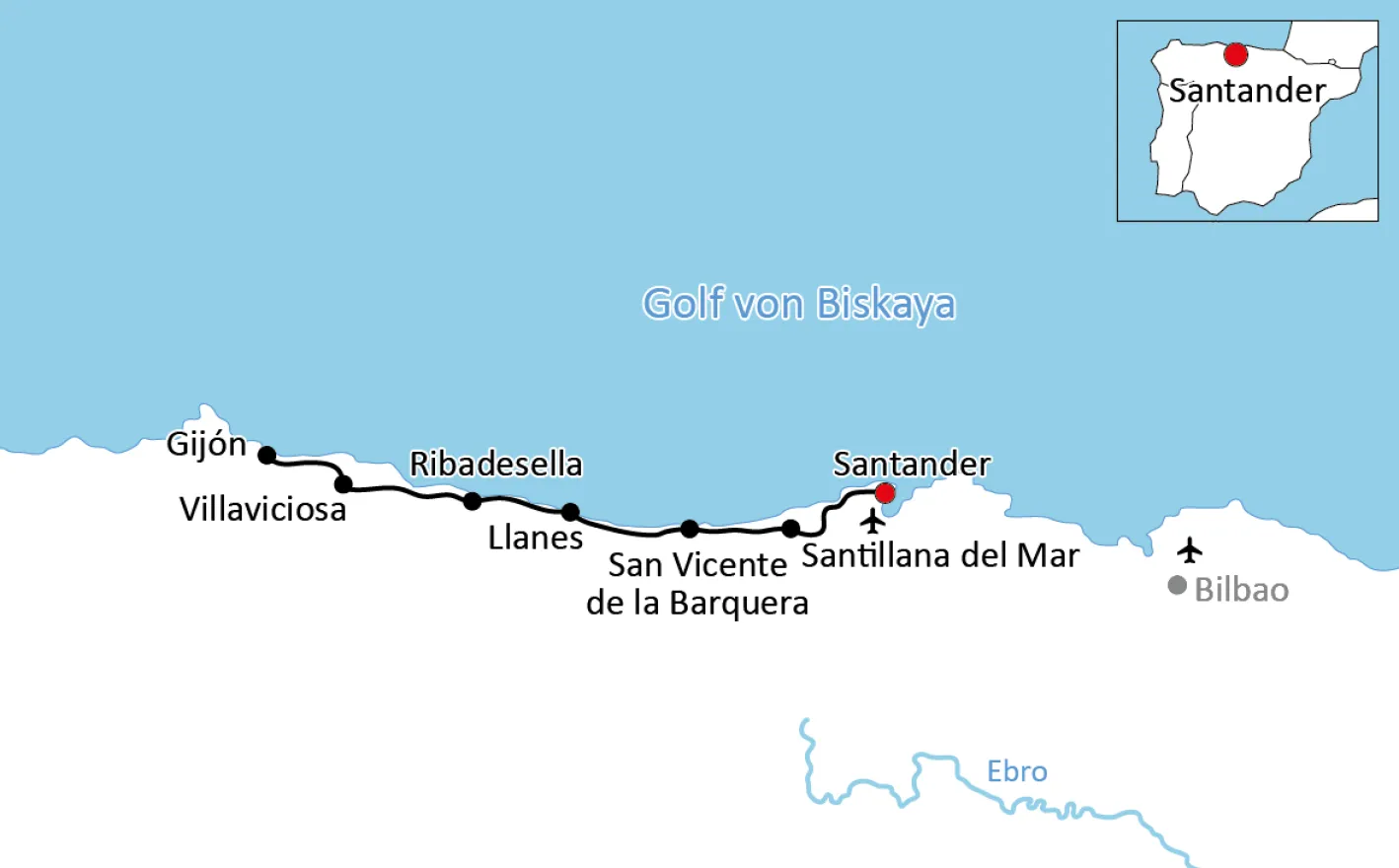 Map for the bike tour along the Atlantic coast in Spain